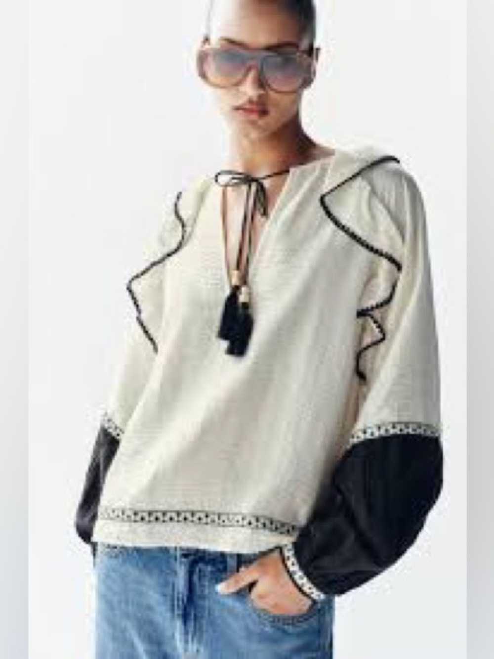 Zara - Boho Tassel Peasant Blouse - Size Medium